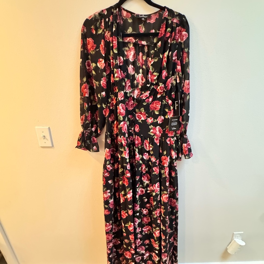 Lulu's Black and Pink Floral Long Sleeve Dress